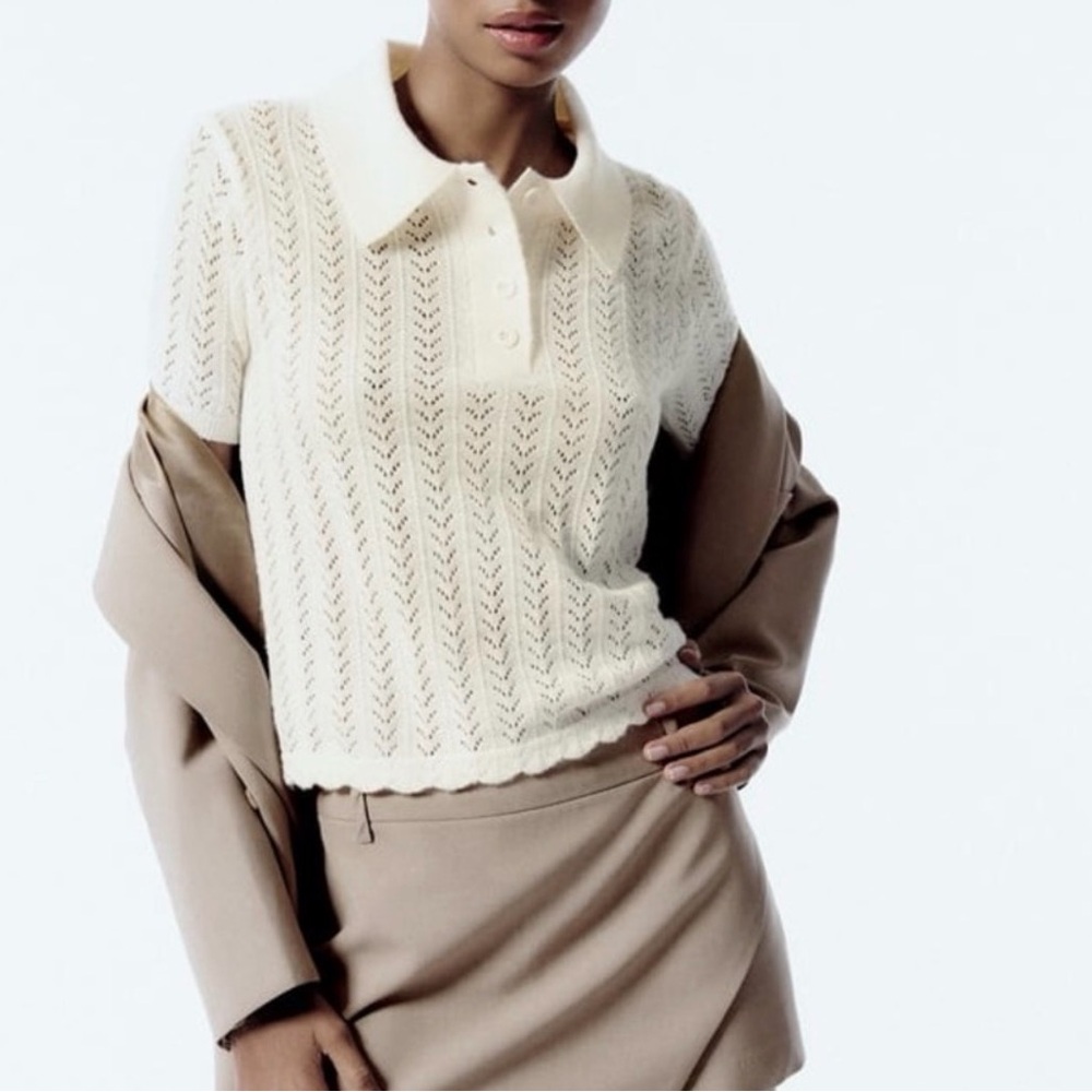 Zara Cream Short Sleeve Crochet Polo Top